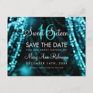 Carte Postale Faire-part Sweet 16 "Save The Date" Turquoise String Lights