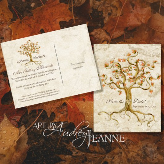 Carte Postale Faire-part Swirl Tree Roots Antiquité Parchemin Mariage Enreg