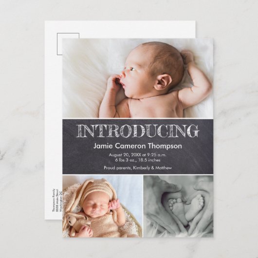 Carte Postale Faire-part Tableau noir Multi photo collage Naissance de bébé (Devant / Derrière)