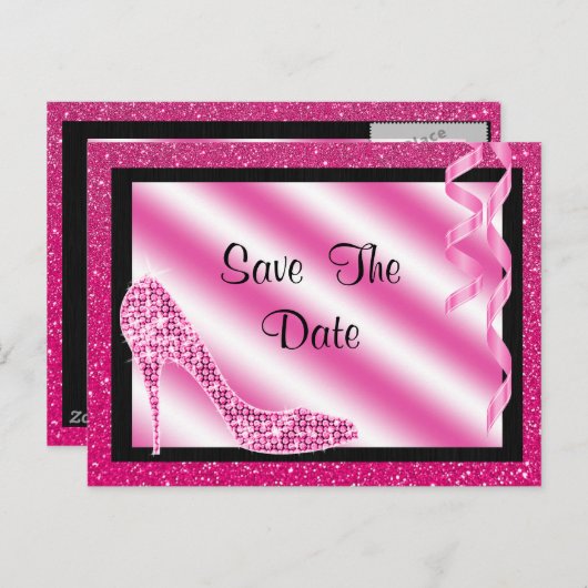 Carte Postale Faire-part Talons Roses & Serpentin 70e Enregistrer la Date (Devant / Derrière)