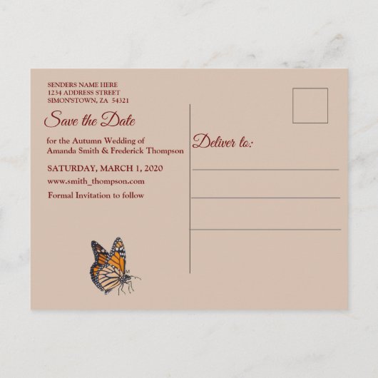 Carte Postale Faire-part Tan - Marsala Vin & Moderne Enregistrer la date (Dos)