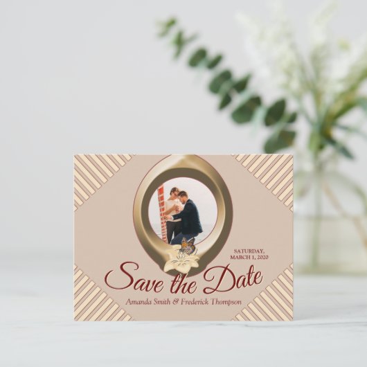 Carte Postale Faire-part Tan - Marsala Vin & Moderne Enregistrer la date (Debout devant)