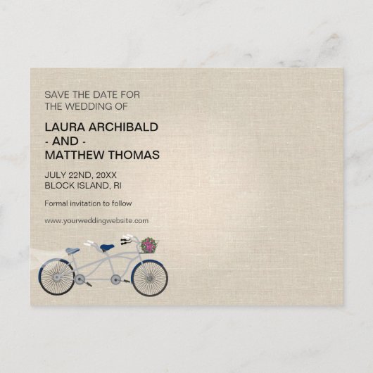 Carte Postale Faire-part Tandem Bleu foncé Bicycle Mariage Enregistrer la d (Dos)