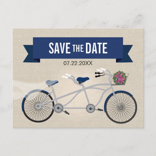 Carte Postale Faire-part Tandem vélo bleu foncé mariage à sauver la date (Devant)