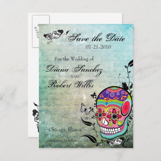 Carte Postale Faire-part Tatouage sucre crâne Enregistrer la date (Devant / Derrière)