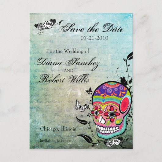 Carte Postale Faire-part Tatouage sucre crâne Enregistrer la date (Devant)