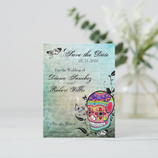 Carte Postale Faire-part Tatouage sucre crâne Enregistrer la date (Debout devant)