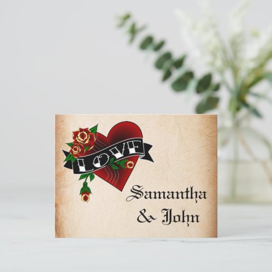 Carte Postale Faire-part Tattoo Heart and Rose Enregistrer la date (Debout devant)