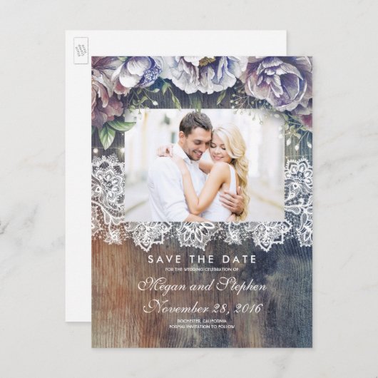 Carte Postale Faire-part Taupe, bleu et marron floral rustique Enregistrer  (Devant / Derrière)