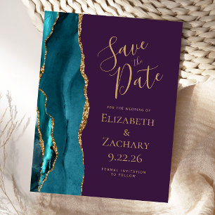Carte Postale Faire-part Teal Agate Or Dor Mariage Violet Foncé Enregistrer
