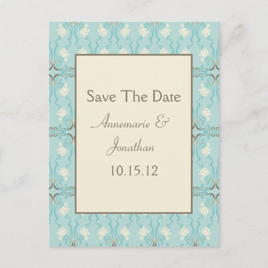 Carte Postale Faire-part Teal Blue Aqua Crème Florale Enregistrer La Date (Devant)