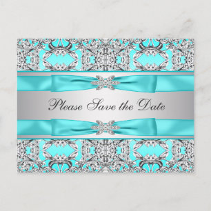 Carte Postale Faire-part Teal Blue Argent Prévenez de la Date