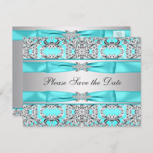 Carte Postale Faire-part Teal Blue Silver Enregistrer La Date (Devant / Derrière)