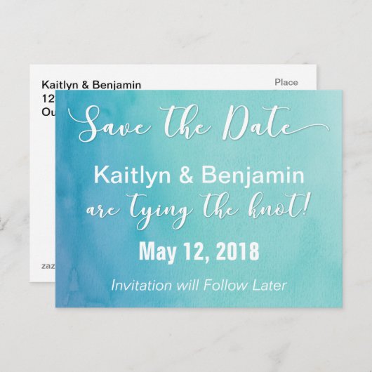 Carte Postale Faire-part Teal et Bleu Ombré Aquarelle Save the Date (Devant / Derrière)