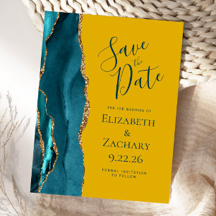 Carte Postale Faire-part Teal Or Agate Moutarde Mariage Enregistrer la Date