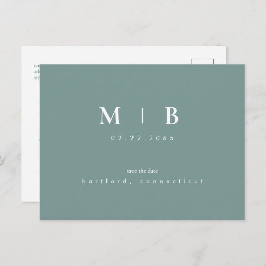 Carte Postale Faire-part Teal Simple & Élégant Monogramme Teal Save the Dat (Devant / Derrière)