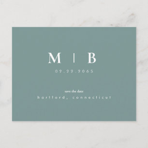 Carte Postale Faire-part Teal Simple & Élégant Monogramme Teal Save the Dat