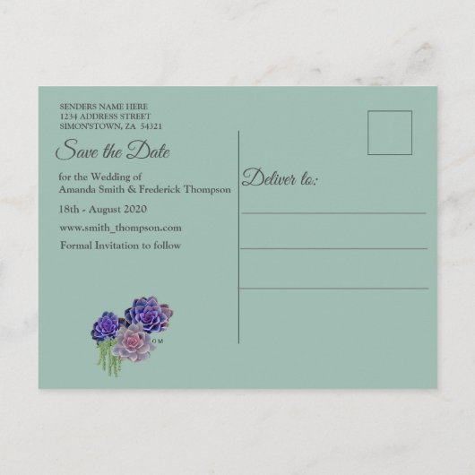Carte Postale Faire-part Teintes succulentes de SeaGreen, Violet Enregistre (Dos)