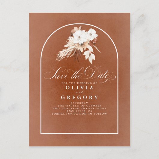 Carte Postale Faire-part Terracotta et fleurs blanches Save The Date (Devant)