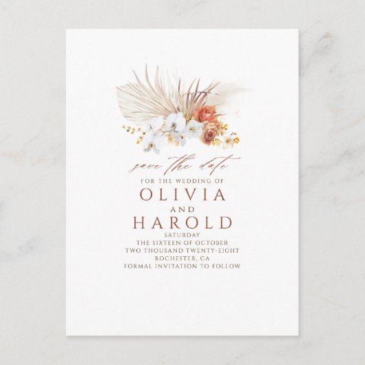 Carte Postale Faire-part Terracotta Floral Boho Exotique Enregistrer La Dat (Devant)