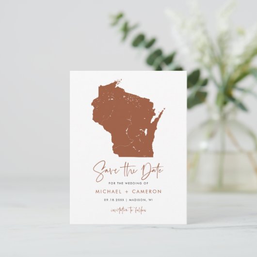 Carte Postale Faire-part Terracotta Wisconsin Map QR Code Enregistrer la da (Debout devant)