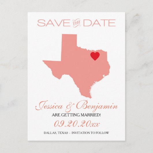 Carte Postale Faire-part Texas State Map Enregistrer la date (Devant)