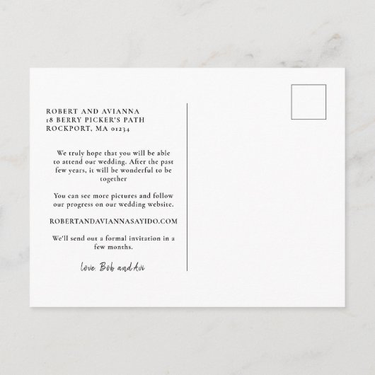 Carte Postale Faire-part Texte Bleu Foncé Photo Mariage Enregistrer la Date (Dos)