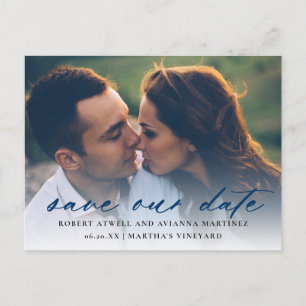Carte Postale Faire-part Texte Bleu Foncé Photo Mariage Enregistrer la Date