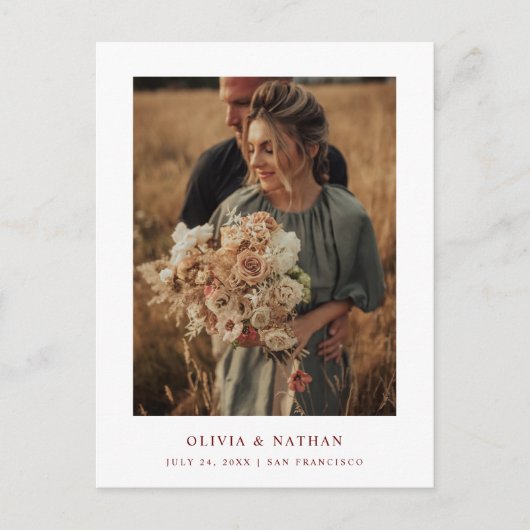 Carte Postale Faire-part Texte et photo blanc et rouge foncé | Enregistrer (Devant)