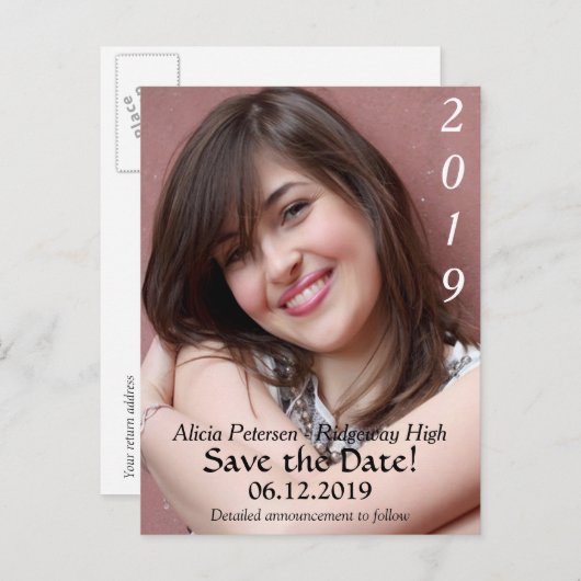 Carte Postale Faire-part Texte noir 2019 Enregistrer la date Graduation (Devant / Derrière)