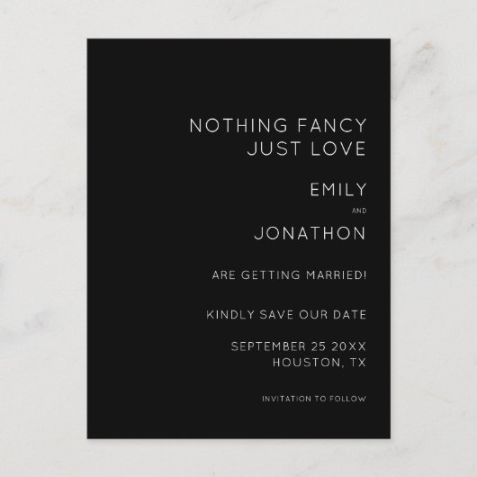 Carte Postale Faire-part Texte Simple Noir Mariage Enregistrer La Date (Devant)