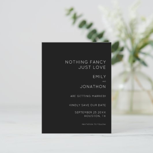 Carte Postale Faire-part Texte Simple Noir Mariage Enregistrer La Date (Debout devant)