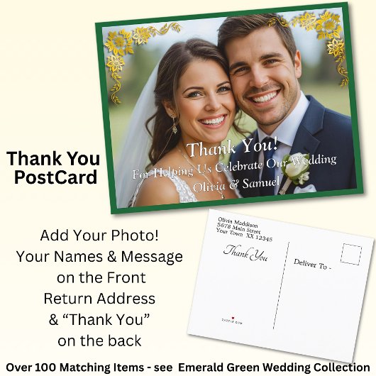 Carte Postale Faire-part Thank You - Photo with Emerald Green & Gold