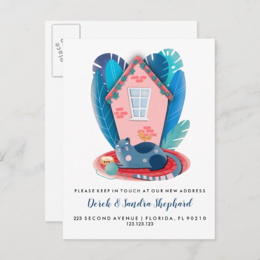 Carte Postale Faire-part Thème animal de chat déménageant (Devant / Derrière)