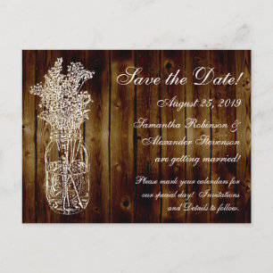 Carte Postale Faire-part Timbre Mason Jar/Bois foncé Enregistrer la date