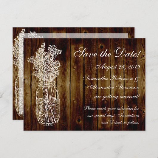 Carte Postale Faire-part Timbre Mason Jar/Bois foncé Enregistrer la date (Devant / Derrière)