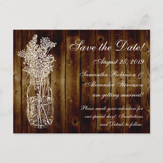 Carte Postale Faire-part Timbre Mason Jar/Bois foncé Enregistrer la date (Devant)