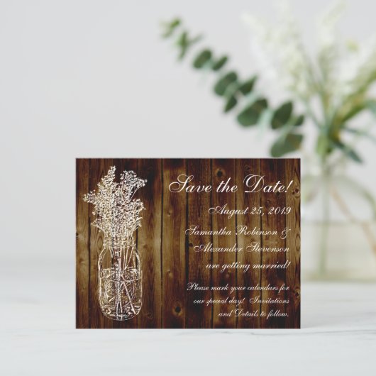 Carte Postale Faire-part Timbre Mason Jar/Bois foncé Enregistrer la date (Debout devant)