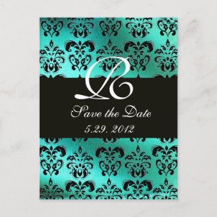 CARTE POSTALE FAIRE-PART TISSU DAMASSÉ TURQUOISE BLEU VERT, MONOGRAMME BLAN