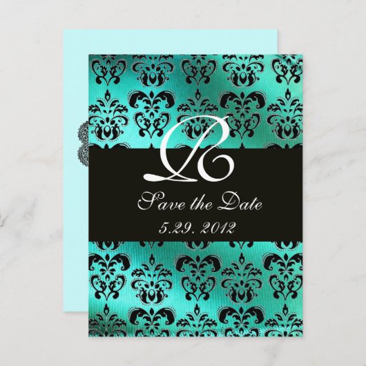 CARTE POSTALE FAIRE-PART TISSU DAMASSÉ TURQUOISE BLEU VERT, MONOGRAMME BLAN (Devant / Derrière)