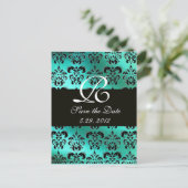 CARTE POSTALE FAIRE-PART TISSU DAMASSÉ TURQUOISE BLEU VERT, MONOGRAMME BLAN (Debout devant)