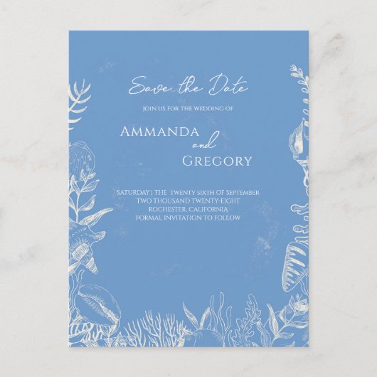 Carte Postale Faire-part Toile Bleue Océan thème Mariage Enregistrer la dat (Devant)
