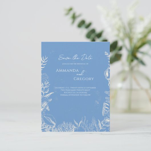 Carte Postale Faire-part Toile Bleue Océan thème Mariage Enregistrer la dat (Debout devant)