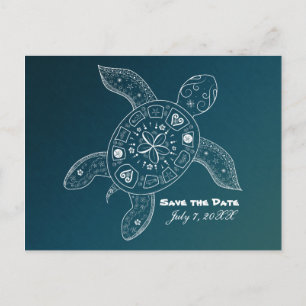 Carte Postale Faire-part Tortue de mer hawaïenne blanc sarcelle plage enreg