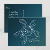 Carte Postale Faire-part Tortue de mer hawaïenne sarcelle blanche plage Sav (Devant / Derrière)