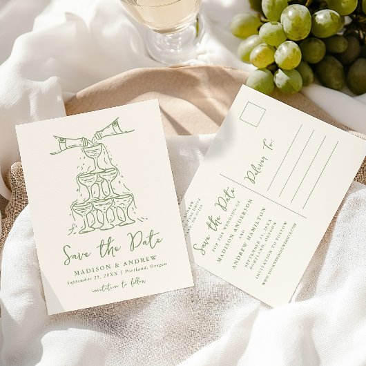 Carte Postale Faire-part Tour de champagne fantaisiste verte pour save the