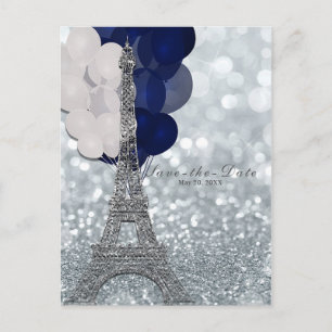 Carte Postale Faire-part Tour Eiffel argent Ballons marine Enregistrez la d