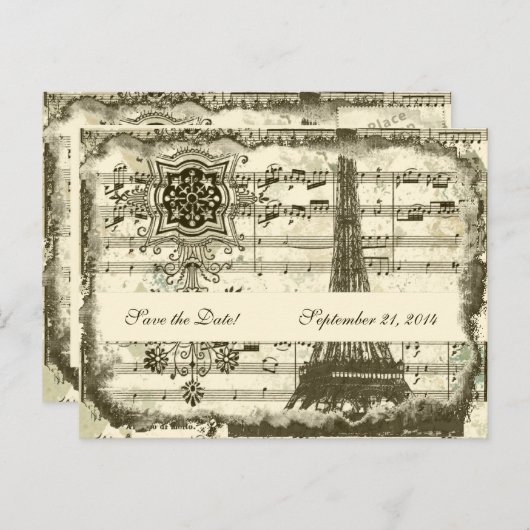 Carte Postale Faire-part Tour Eiffel de Paris noir musique crème Enregistre (Devant / Derrière)