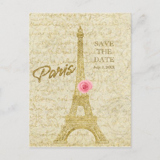 Carte Postale Faire-part Tour Eiffel de Paris Or & Rose SAVE THE DATE (Devant)