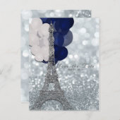 Carte Postale Faire-part Tour Eiffel en argent Ballons bleus marine Enregis (Devant / Derrière)
